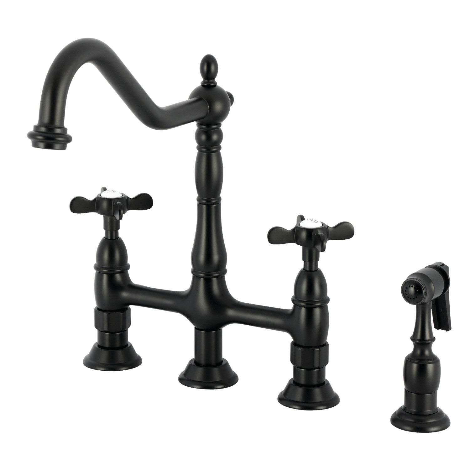 Kingston Heirloom KS1270BEXBS - Essex Two-Handle 4-Hole Deck Mount Bridge Kitchen Faucet with Brass Sprayer, Matte Black — image 1